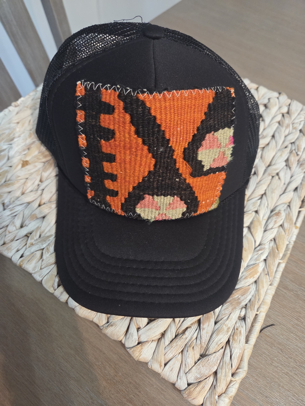 Black Orijinal Trucker Hat with Orange Pattern Patch